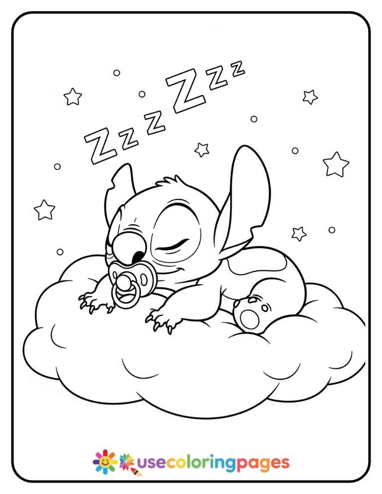 Baby Stitch Sleeping on a Cloud Coloring Page