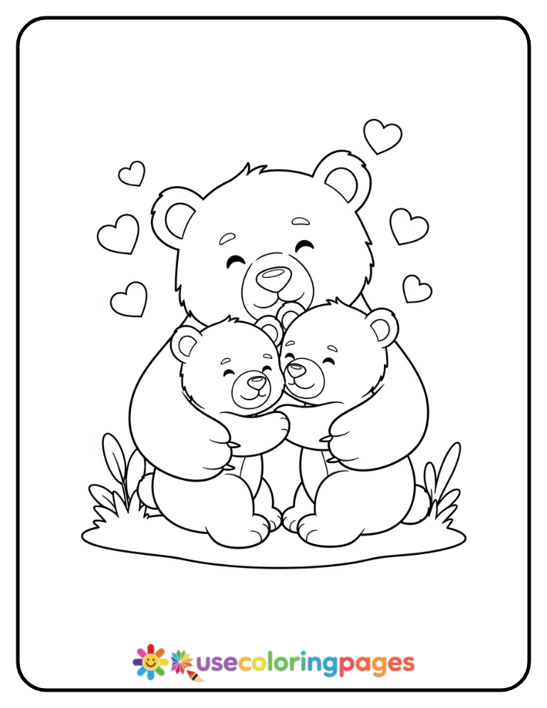 Bear Hug Family with Hearts Coloring Page