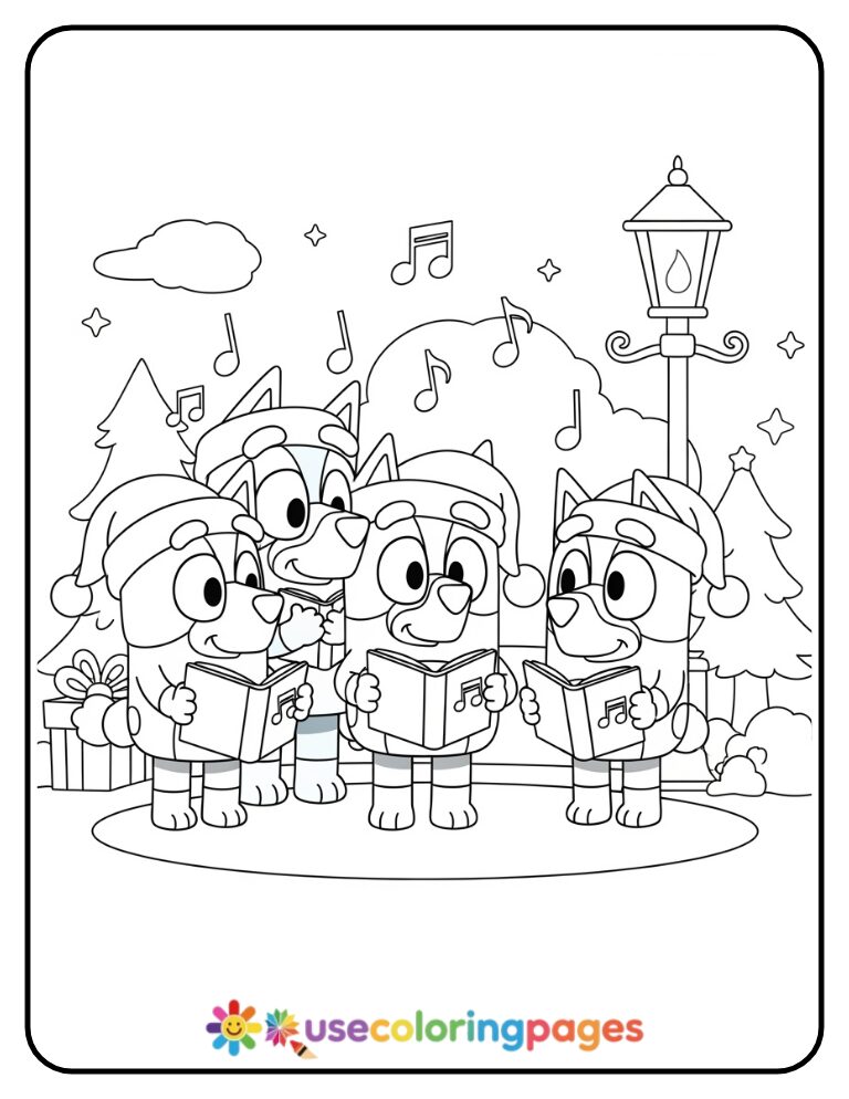 Bluey Caroling Neighbors Coloring Page