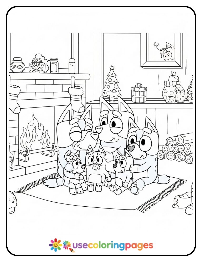 Bluey Cozy Fireplace Snuggle Coloring Page