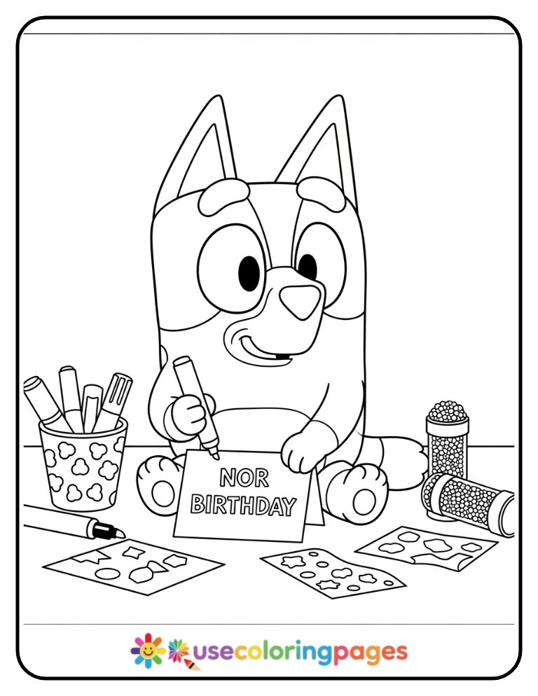 Bluey Crafting Birthday Card Coloring Page (1)