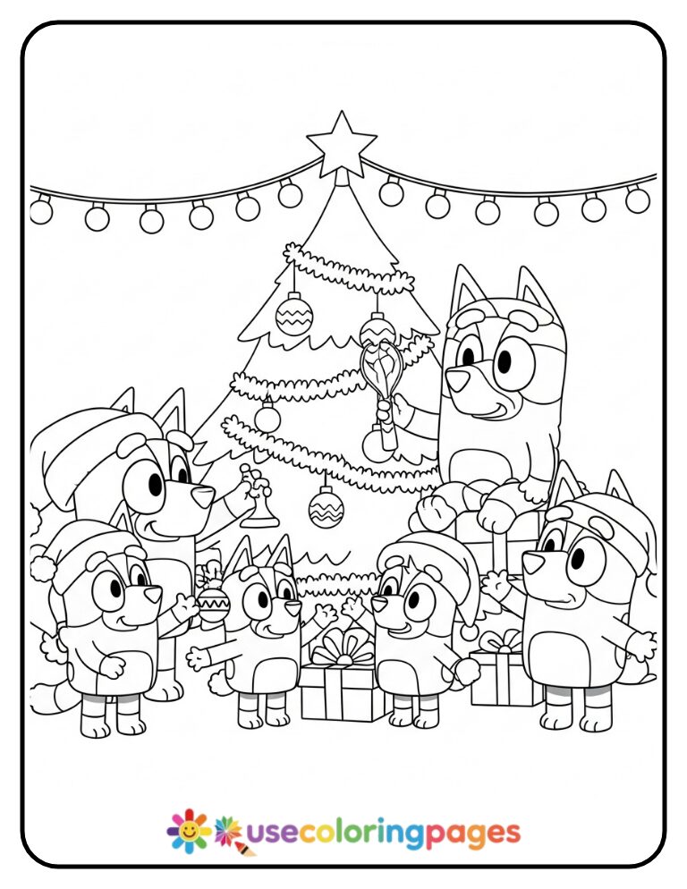 Bluey Decorating Christmas Tree Coloring Page