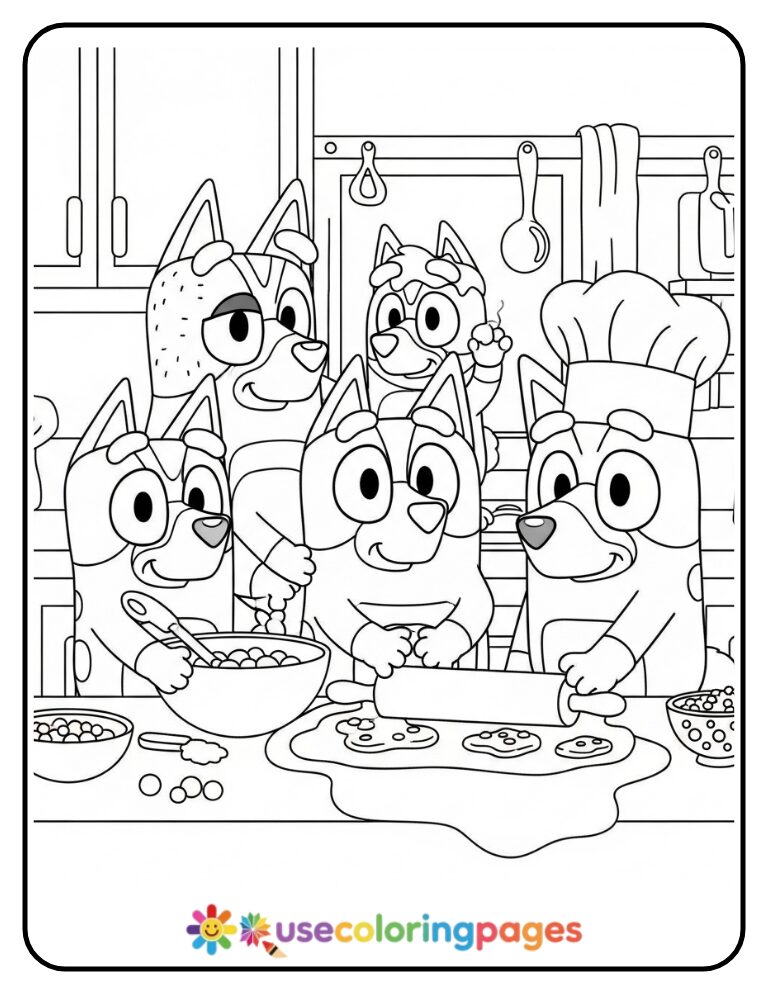 Bluey Family Baking Cookies Coloring Page
