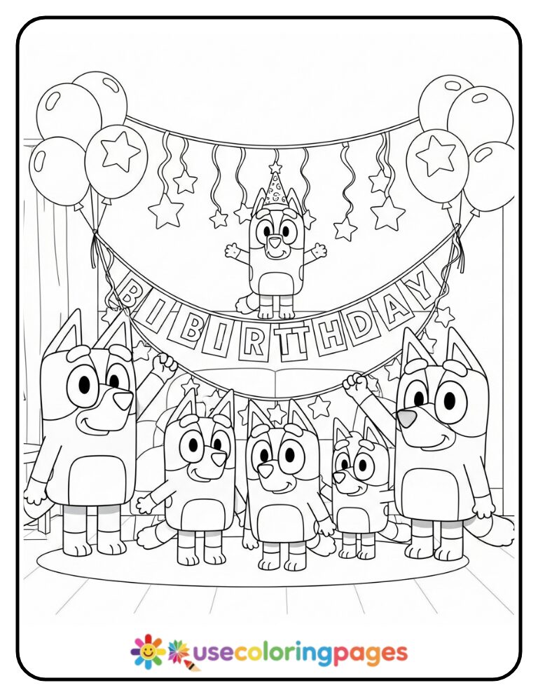 Bluey Family Decorating Party Banner Coloring Page
