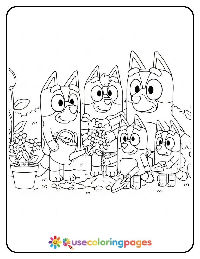 Bluey Family Gardening Coloring Page