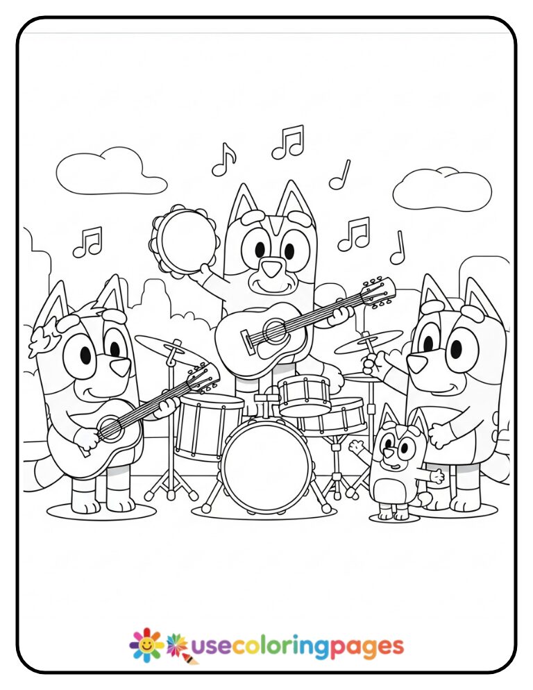 Bluey Family Music Jam Coloring Page