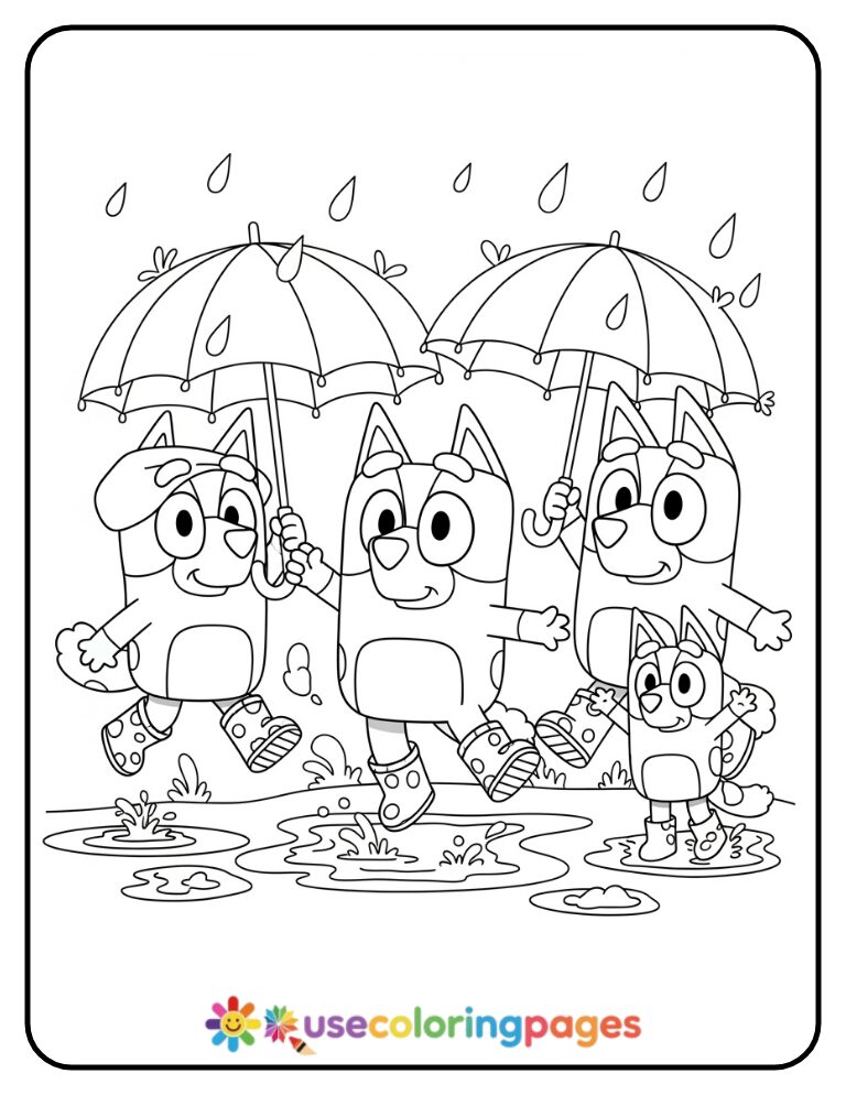 Bluey Family Puddle Jumping Coloring Page
