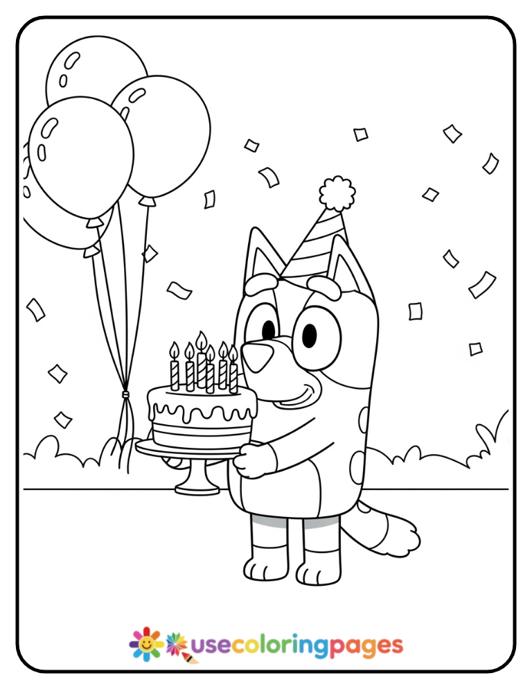 Bluey Peeking Bluey Holding Birthday Cake Coloring PageStocking Coloring Page