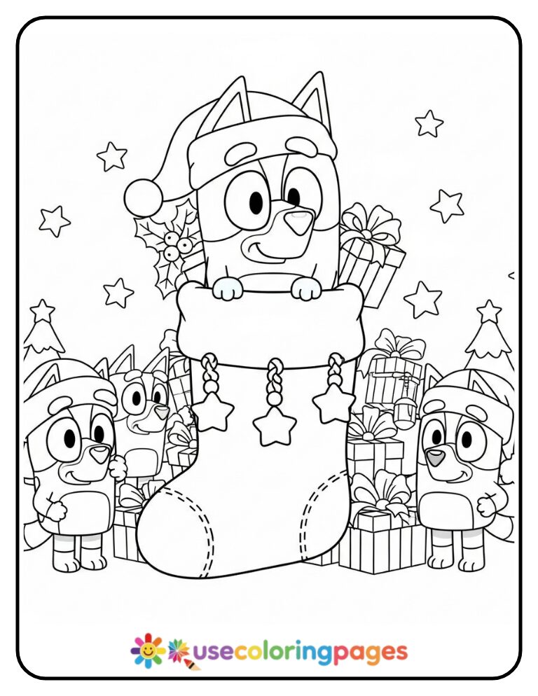 Bluey Peeking Christmas Stocking Coloring Page