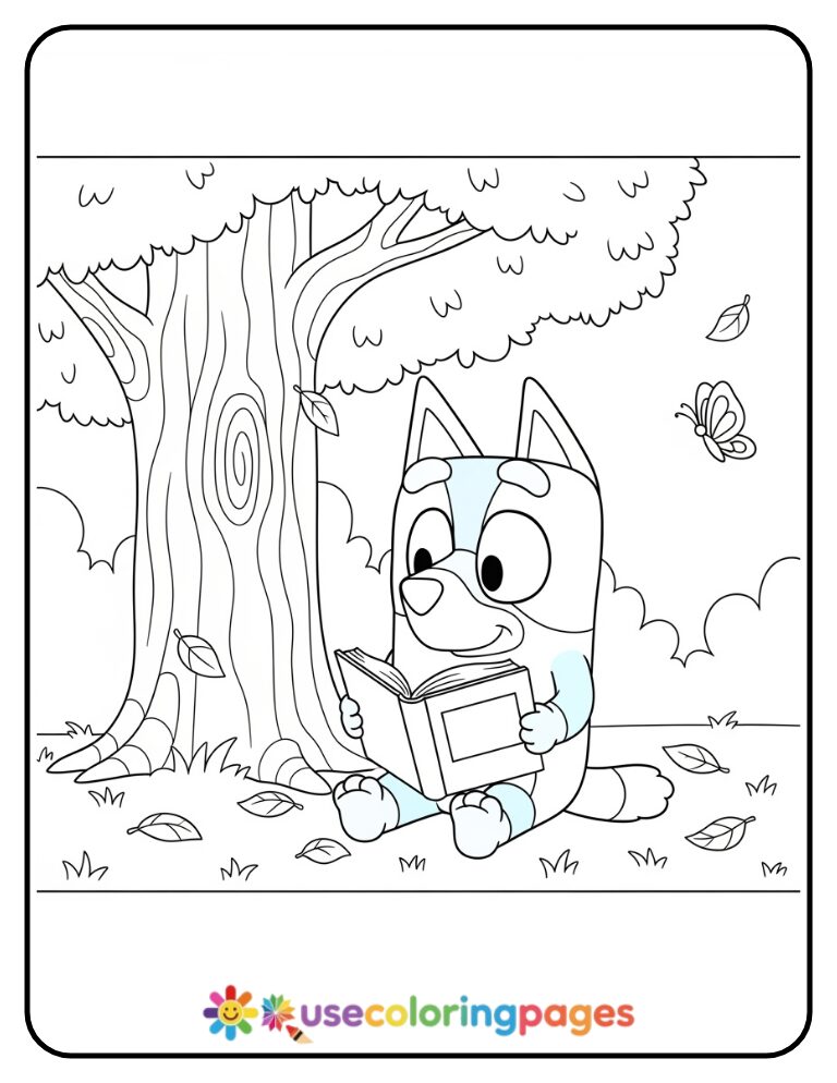 _Bluey Reading Under Tree Coloring Page Printable