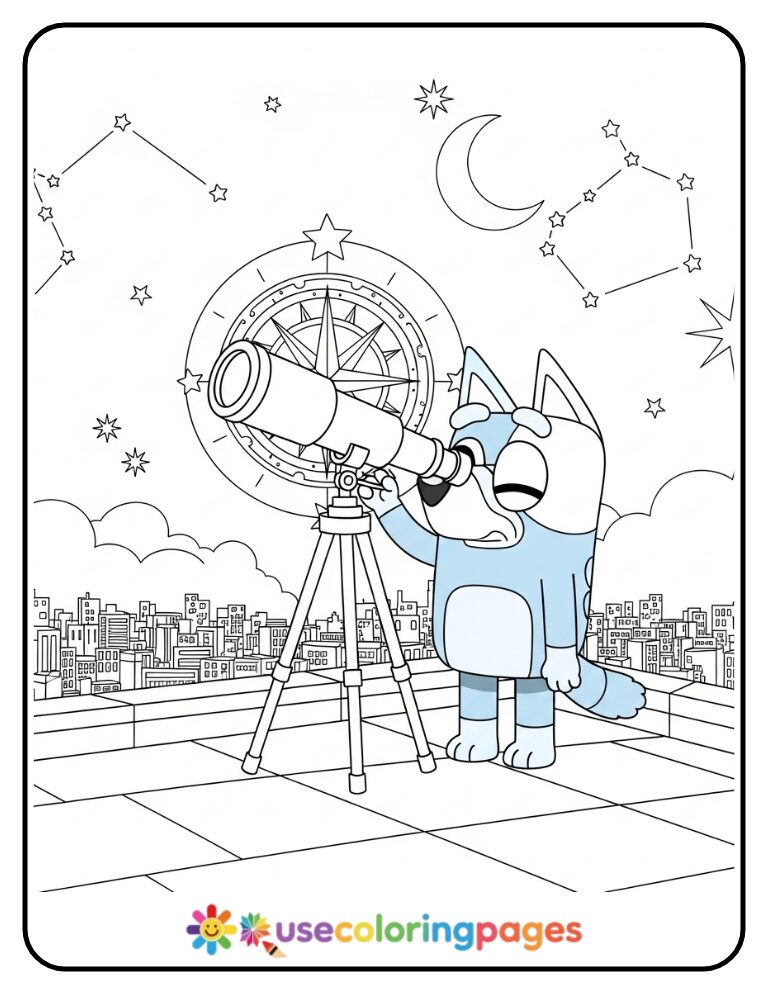 Bluey Rooftop Stargazing Coloring Page