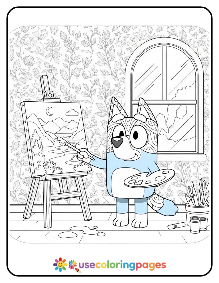 Bluey Watercolor Painting Coloring Page