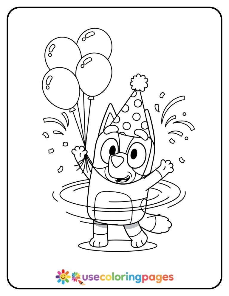Bluey Wearing Party Hat Coloring Page