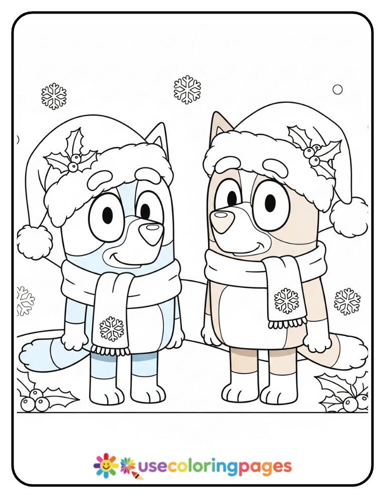 Bluey Wearing Santa Hats Coloring Page