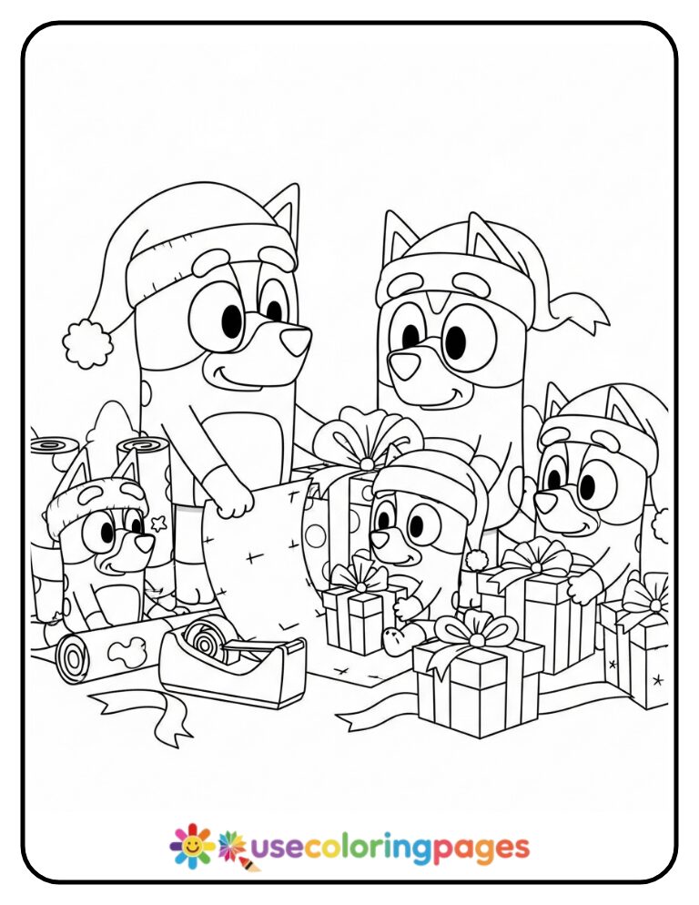 Bluey Wrapping Presents Coloring Page