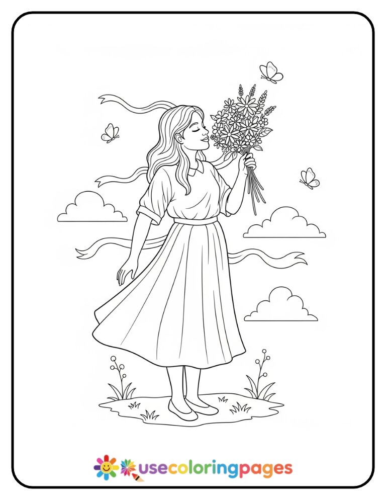 Bouquet Smelling Coloring Page Printable