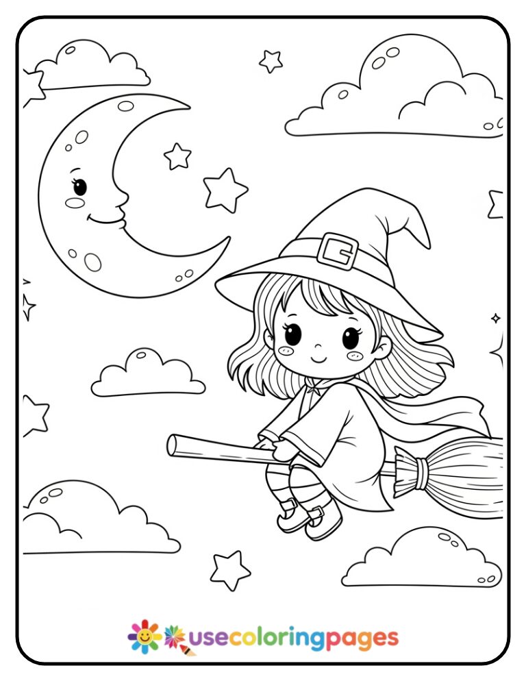 Broomstick Flight Witch Coloring Page Printable