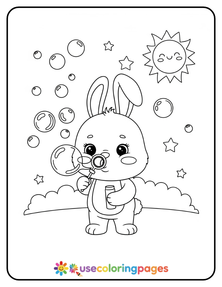 Bunny Blowing Bubbles Coloring Page Printable