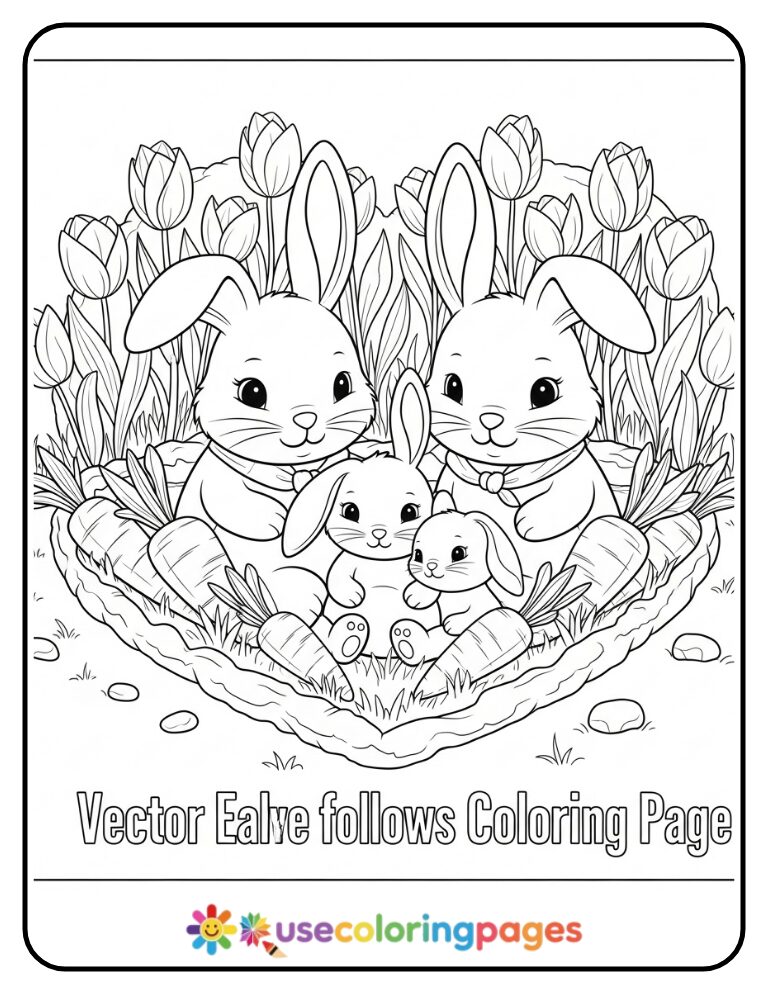 Bunny Family in Heart-Shaped Garden Coloring Page
