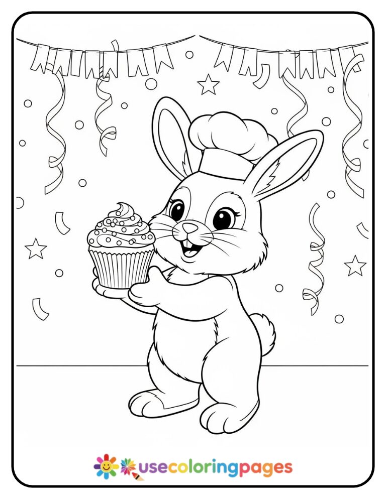 Bunny Holding a Cupcake Coloring Page For All Ages