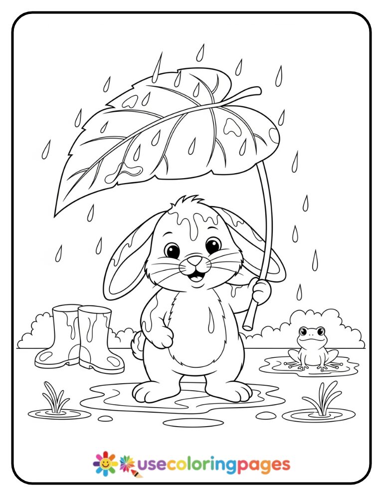 Bunny Holding a Leaf Umbrella Coloring Page For Kids
