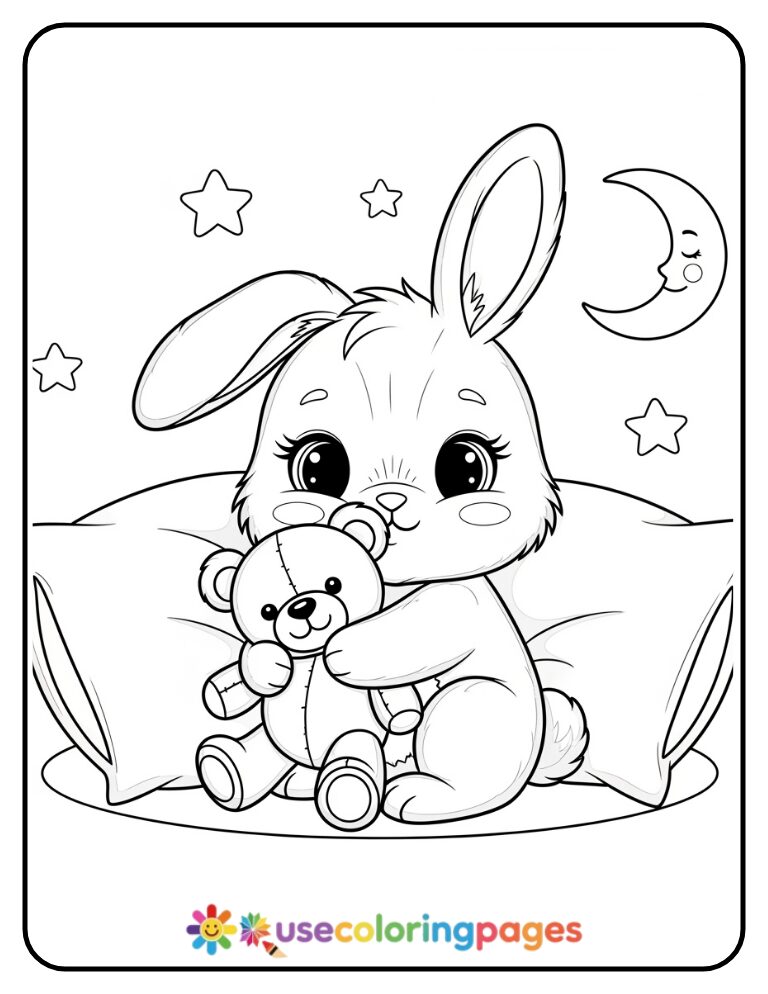 Bunny Hugging a Teddy Bear Coloring Page For All Ages