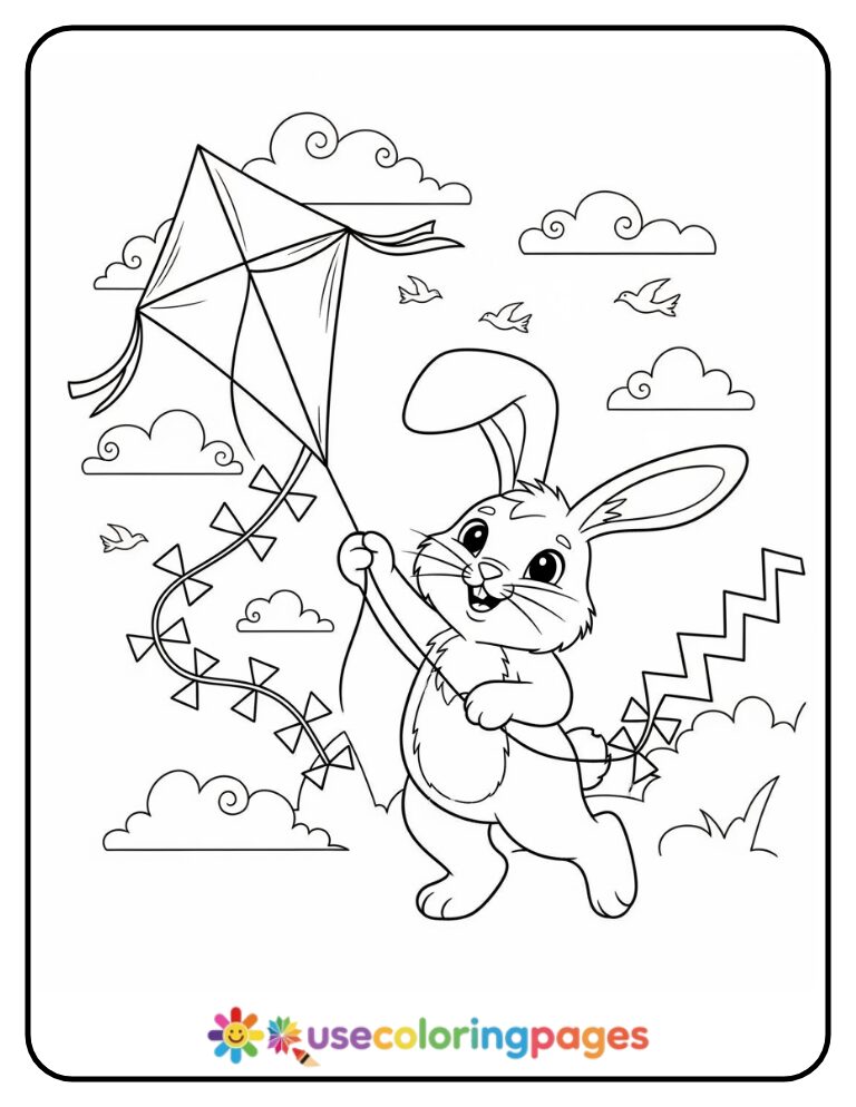Bunny Playing with a Kite Coloring Page Printable