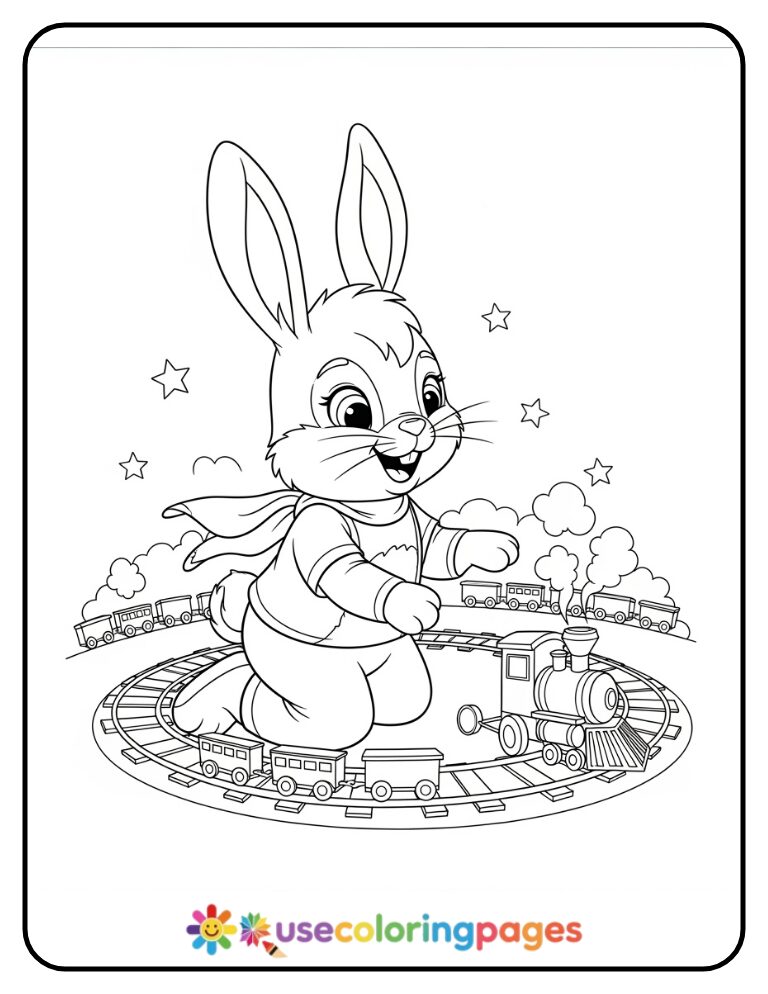 _Bunny Playing with a Toy Train Coloring Page Printable