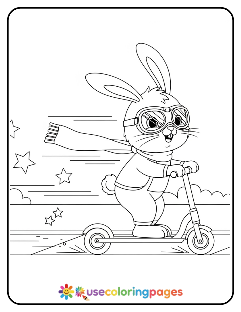 Bunny Riding a Scooter Coloring Page For Kids