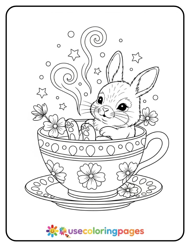 Bunny Sitting in a Teacup Coloring Page Printable