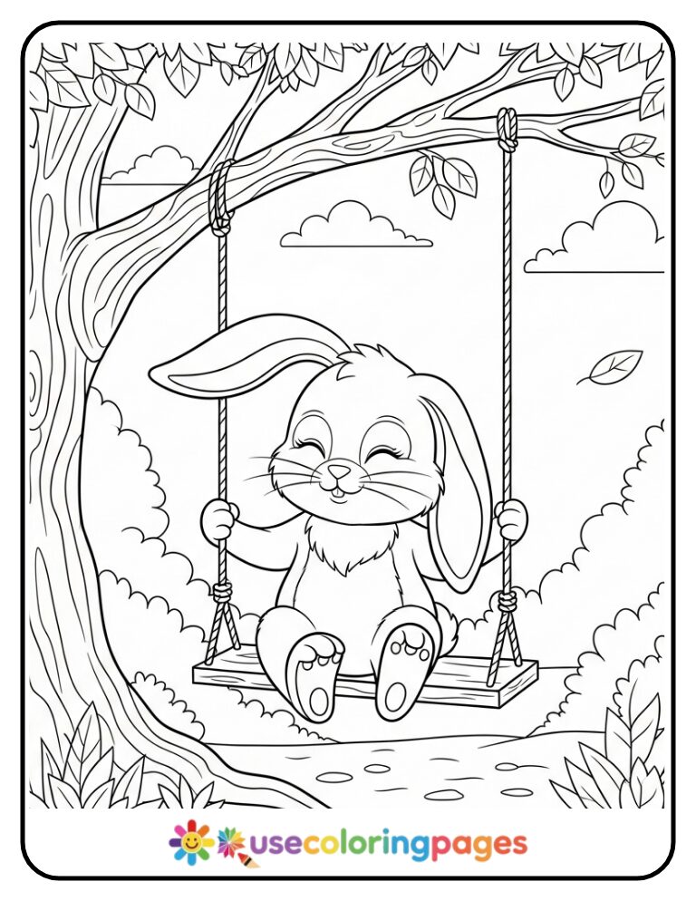 Bunny Sitting on a Swing Coloring Page For Kids