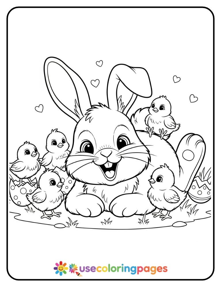 Bunny Surrounded by Baby Chicks Coloring Page Printable