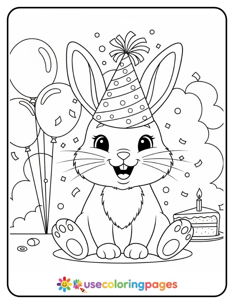 Bunny Wearing a Party Hat Coloring Page Printable