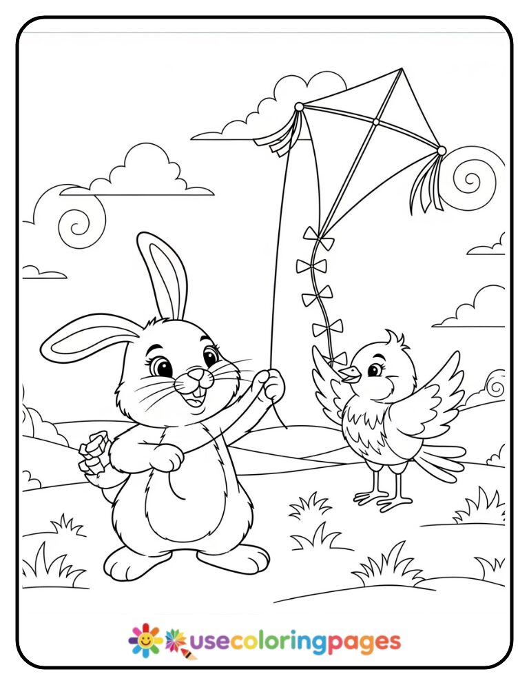 Bunny and Bird Flying a Kite Coloring Page