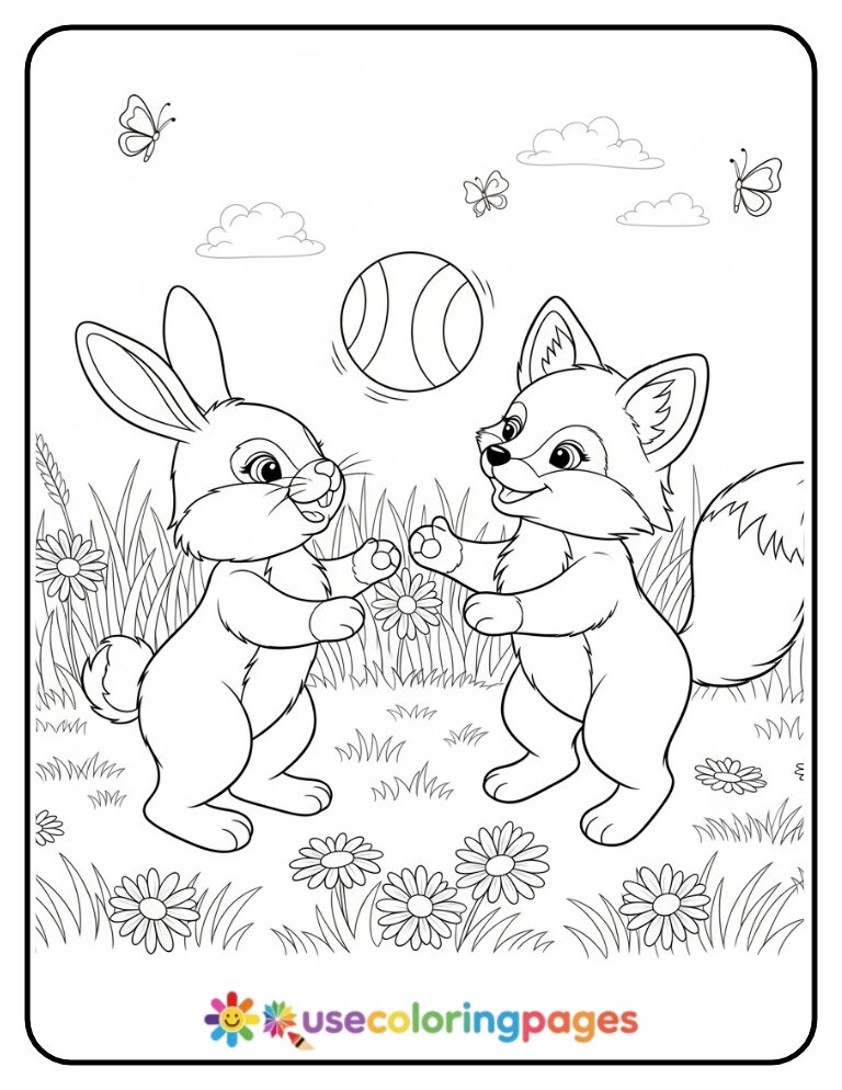 Bunny and Fox Playing Catch Coloring Page