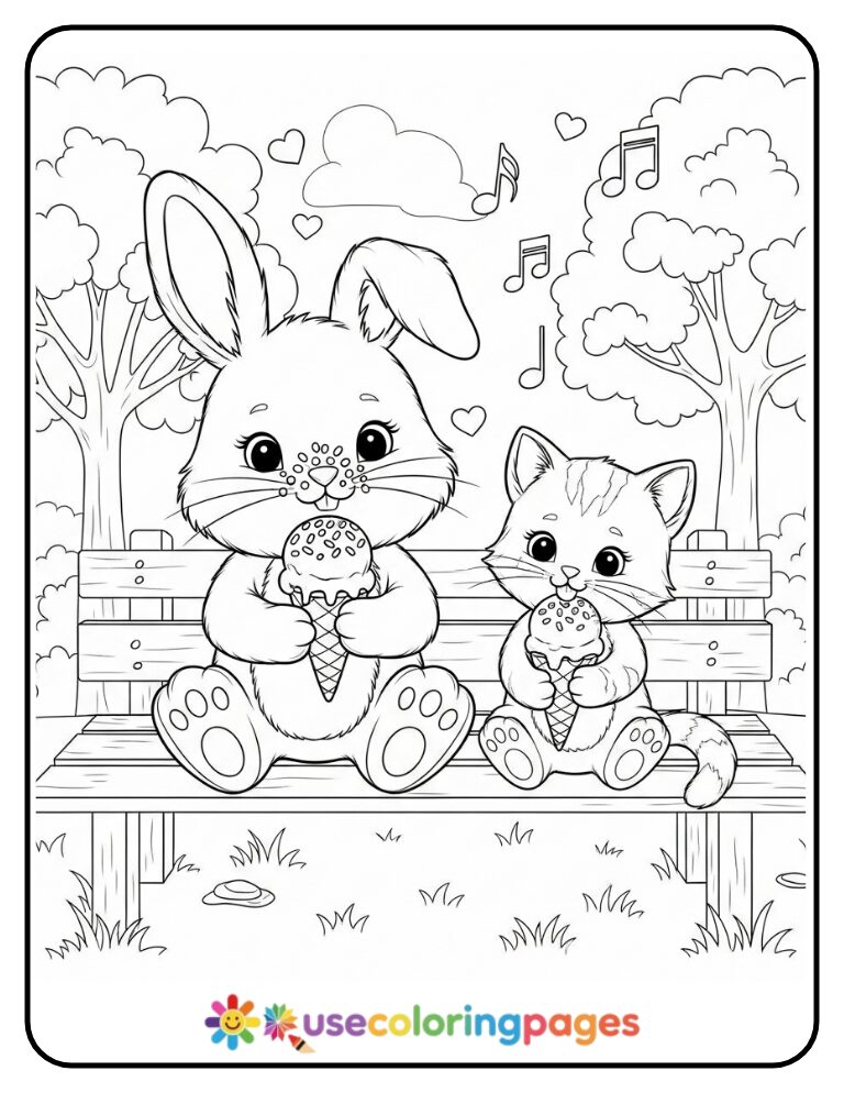 Bunny and Kitten Sharing Ice Cream Coloring Page