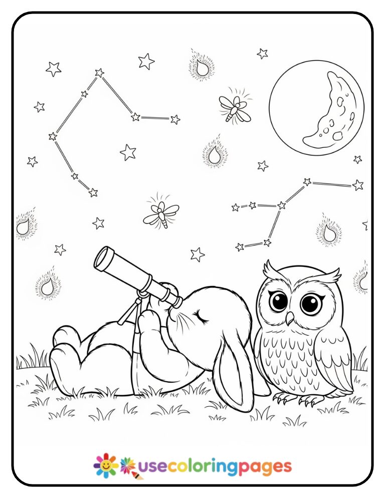 Bunny and Owl Stargazing Together Coloring Page
