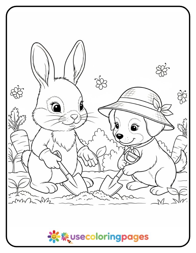 Bunny and Puppy Digging in the Garden Coloring Page