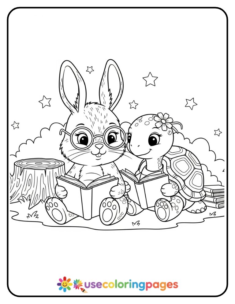 Bunny and Turtle Reading Together Coloring Page
