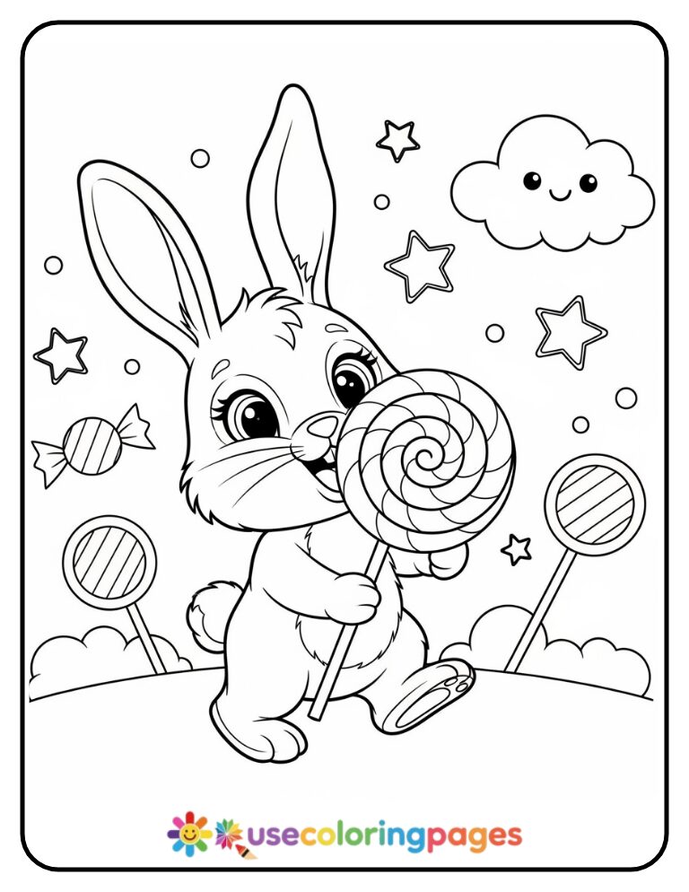Bunny and a Giant Lollipop Coloring Page For All Ages