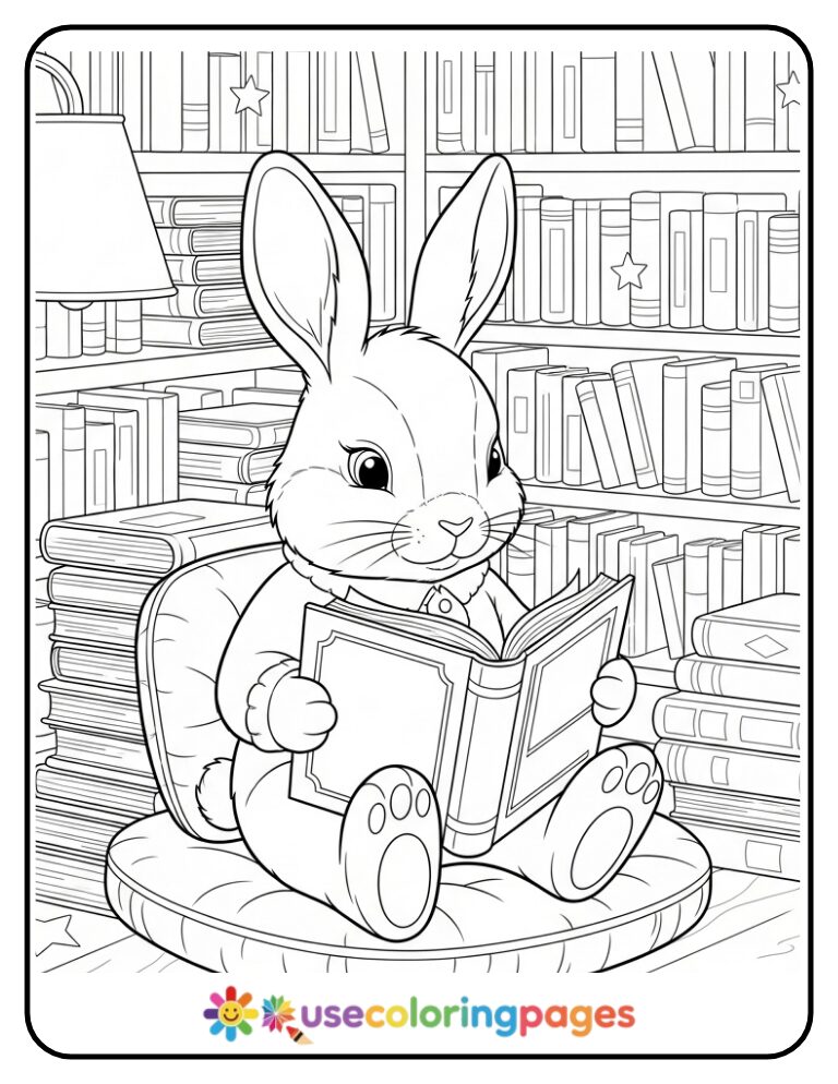 Bunny at the Library Coloring Page