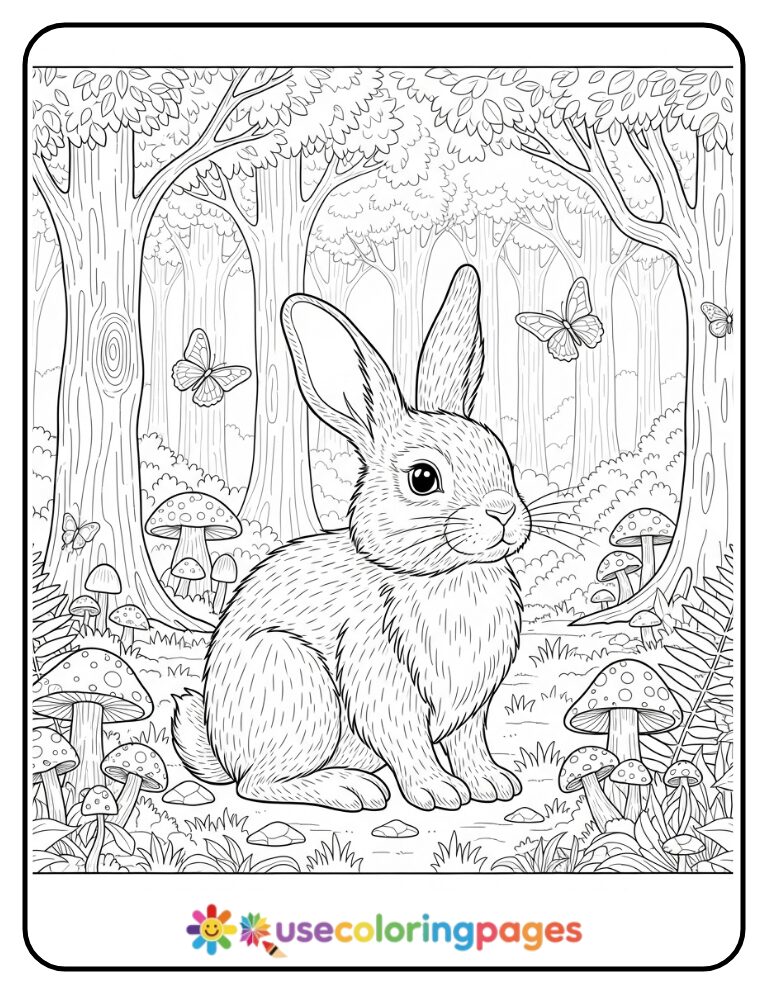 Bunny in a Detailed Forest Scene Coloring Page