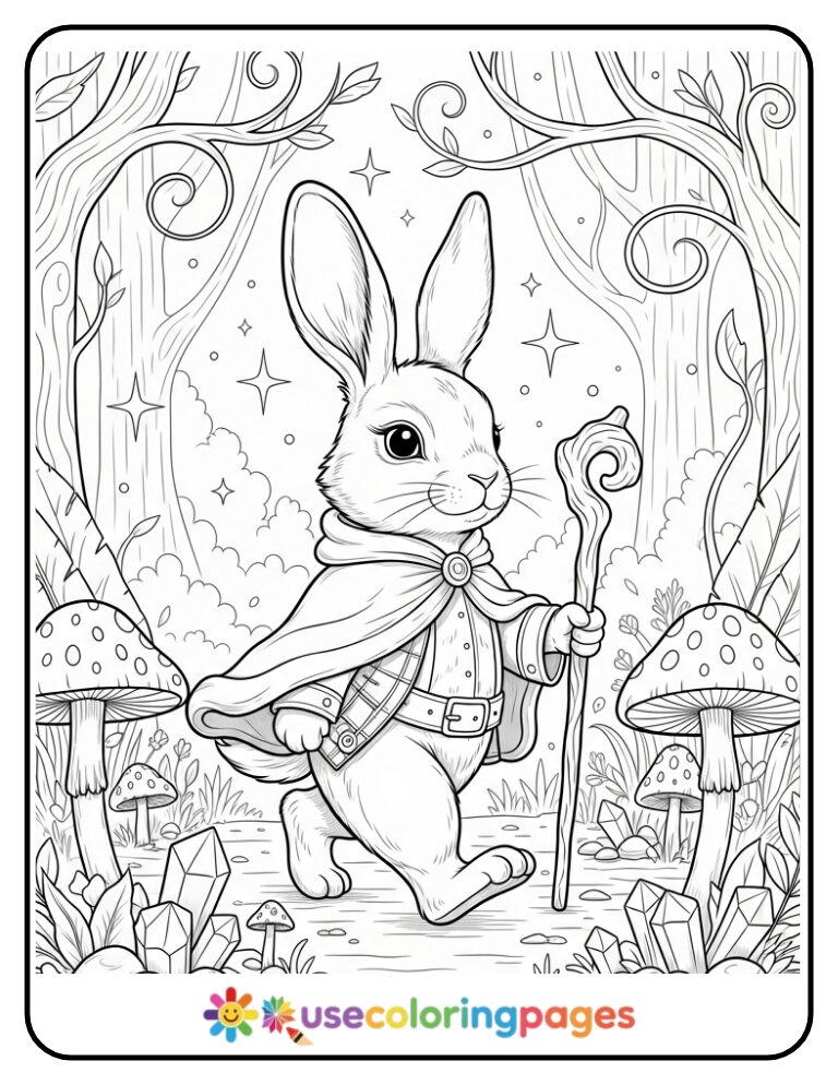 Bunny in a Fantasy Forest Coloring Page