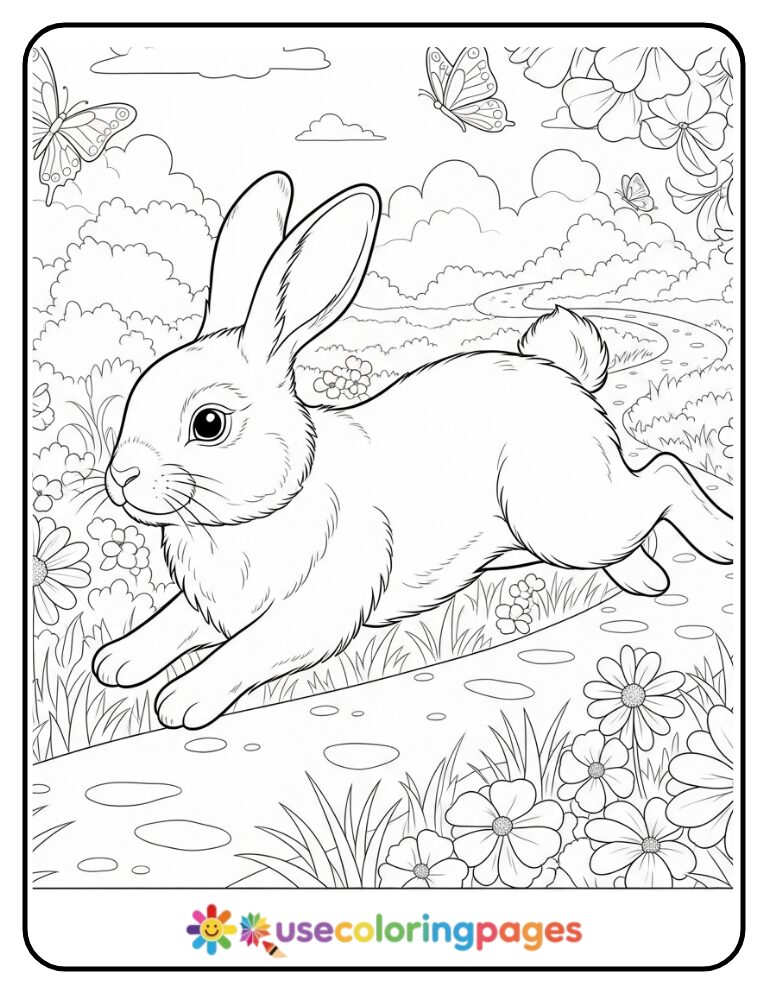 Bunny in a Flower Meadow Maze Coloring Page