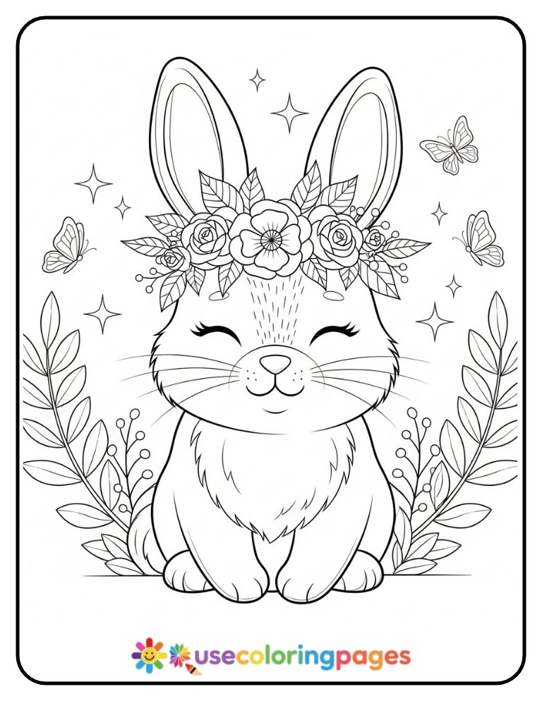 Bunny with a Flower Crown Coloring Page Printable