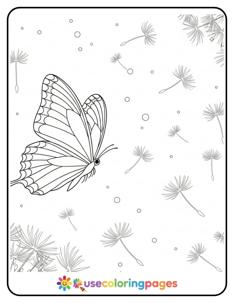 Butterfly Among Floating Dandelion Seeds Coloring Page
