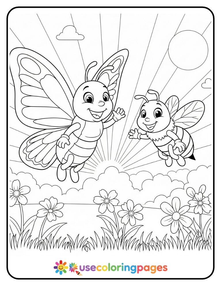 Butterfly And Bee Friendship Coloring Page