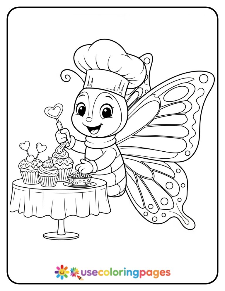 Butterfly Baking Cupcakes Coloring Page