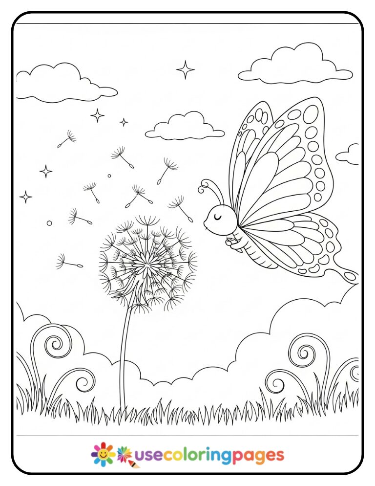 Butterfly Blowing Dandelion Wishes Coloring Page