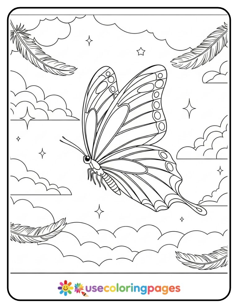 Butterfly Floating Through Cloudy Sky Coloring Page